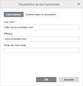 Le fenêtre Paramètres du lien hypertexte