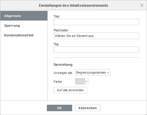 Fenster Einstellungen für Inhaltssteuerelemente