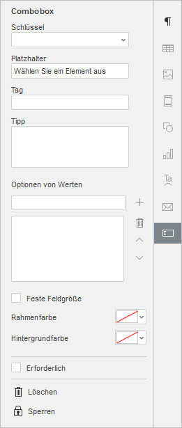 Combo box settings window