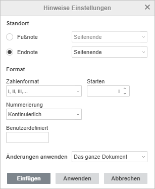 Fenster Endnoteneinstellungen