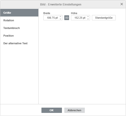 Bild - Erweiterte Einstellungen: Größe