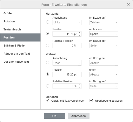 Form - Erweiterte Einstellungen