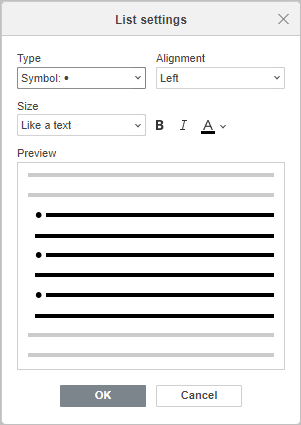 Bulleted List Settings window