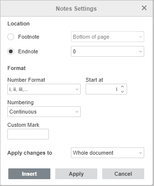 Endnotes Settings window