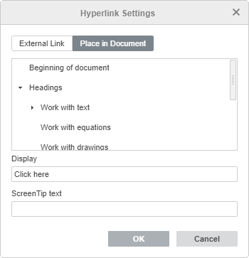 Hyperlink Settings window