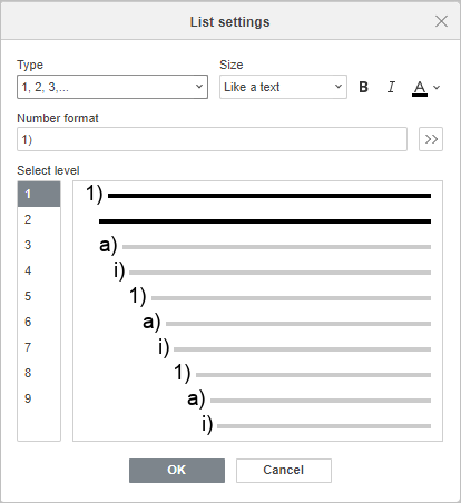 Multilevel List Settings window