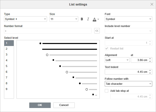 Multilevel List Advanced Settings window