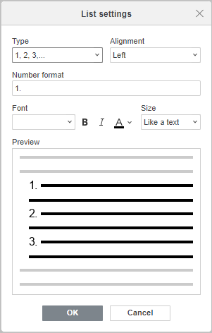 Numbered List Settings window