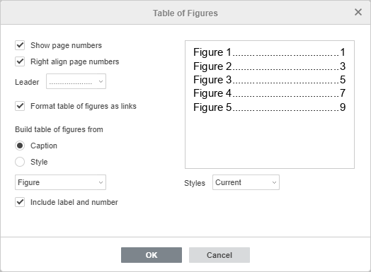 Table of Figures Settings