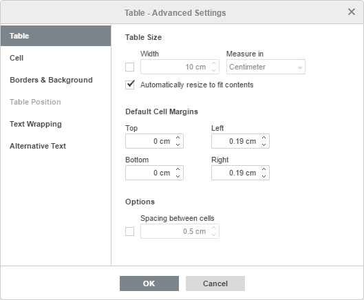 Table - Advanced Settings