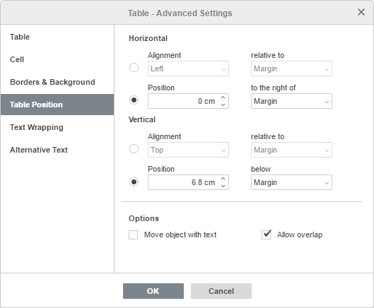 Table - Advanced Settings