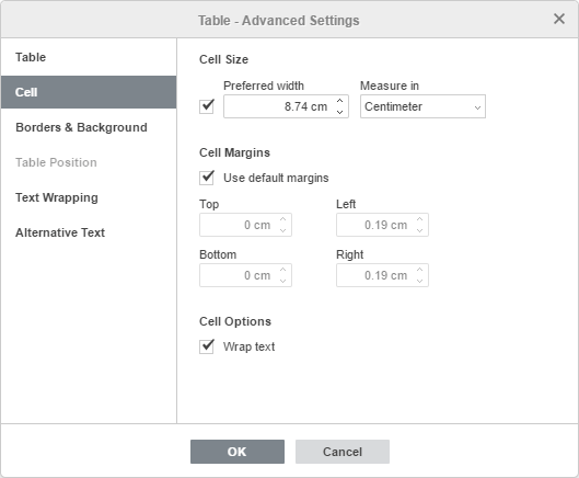 Table - Advanced Settings