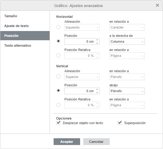 Gráfico-ajustes avanzados: Posición