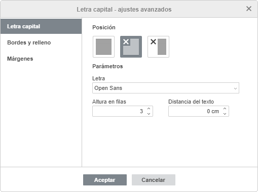 Letra capital - Ajustes avanzados