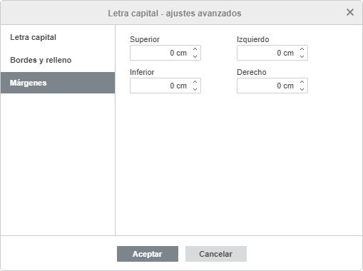 Letra capital - Ajustes avanzados