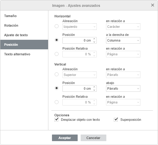 Imagen - ajustes avanzados: Posición