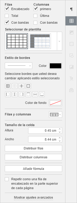 Barra derecha lateral - Ajustes de tabla