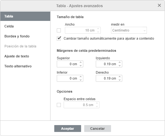 Tabla - ajustes avanzados