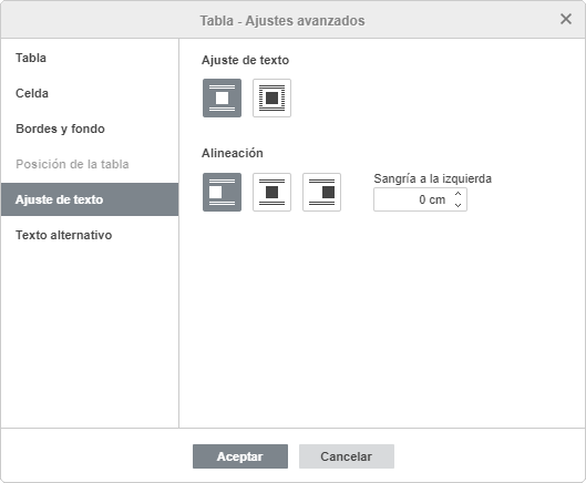 Tabla - ajustes avanzados