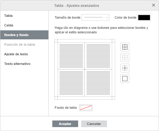 Tabla - ajustes avanzados