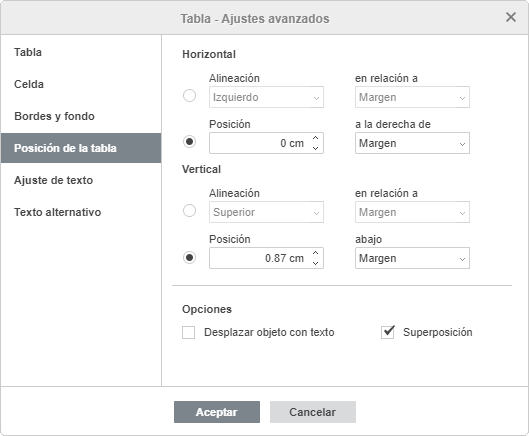 Tabla - ajustes avanzados