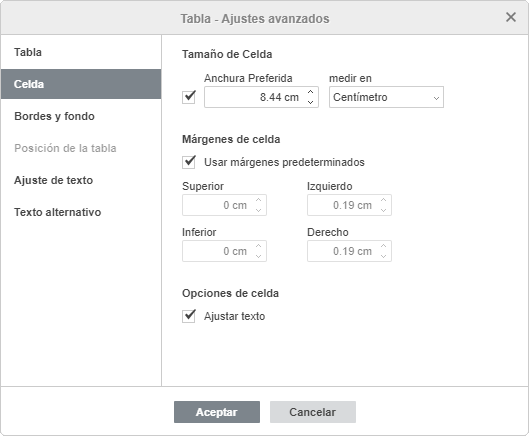 Tabla - ajustes avanzados