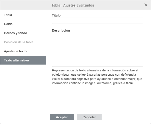 Tabla - ajustes avanzados