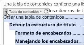 Moviendo la tabla de contenidos