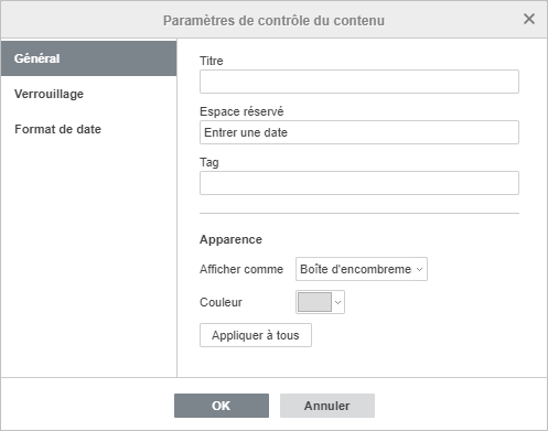 Fenêtre Paramètres du contrôle de contenu - Général