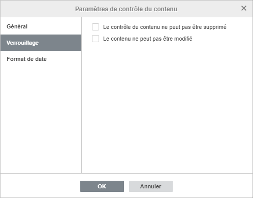 Fenêtre Paramètres du contrôle de contenu - Général