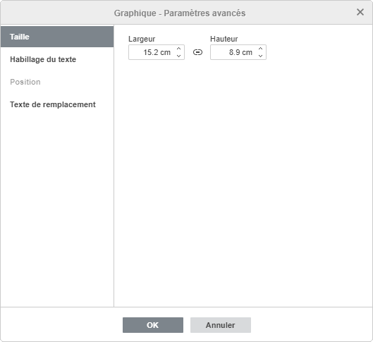 La fenêtre Graphique - Paramètres avancés Taille