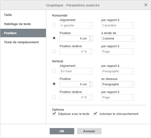 La fenêtre Graphique - Paramètres avancés Position