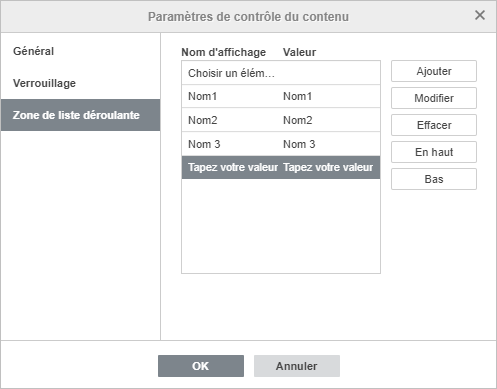 Fenêtre Paramètres de la zone de liste déroulante