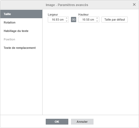 La fenêtre Image - Paramètres avancés Taille