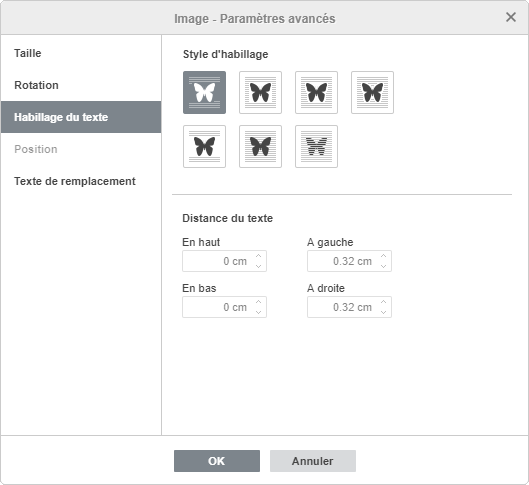 La fenêtre Image - Paramètres avancés Habillage du texte