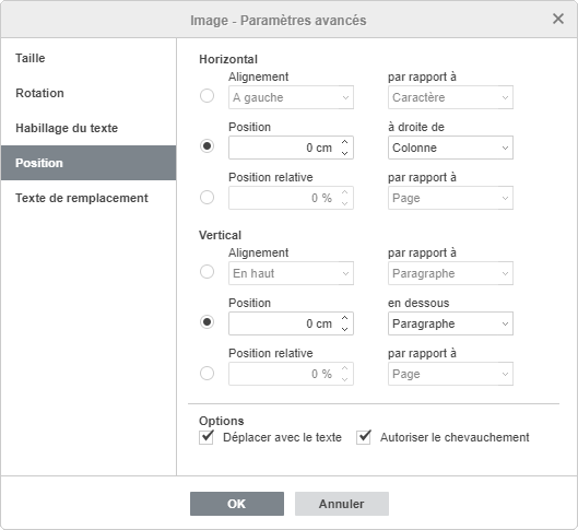 La fenêtre Image - Paramètres avancés Position