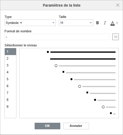 La fenêtre Paramètres de la liste multiniveaux