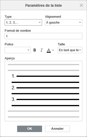 La fenêtre Paramètres de la liste numérotée