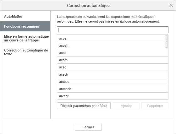 Fonctions reconnues