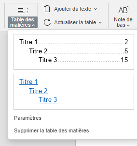 Options de la table des matières