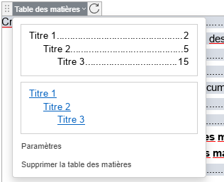 Options de la table des matières