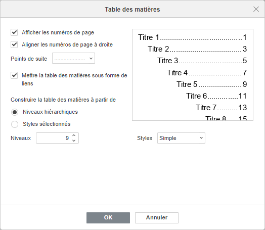 Fenêtre des paramètres de la table des matières