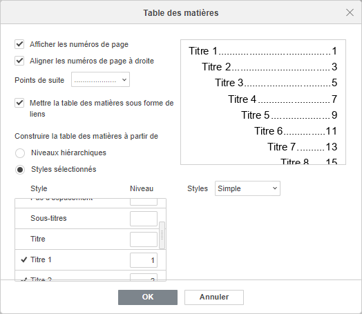 Fenêtre des paramètres de la table des matières