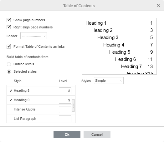 Table of Contents settings window