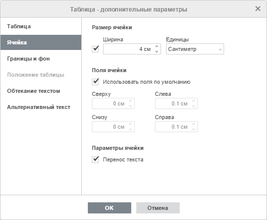 Таблица - дополнительные параметры