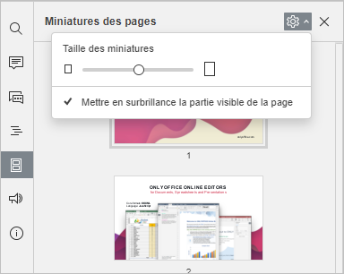 Paramètres des vignettes des pages