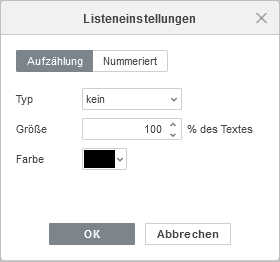 Bulleted List Settings window