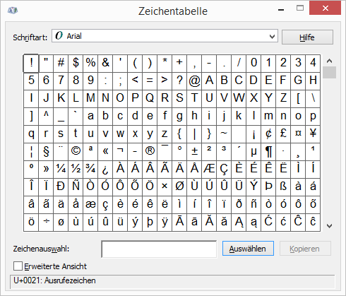 Symboltabelle einfügen