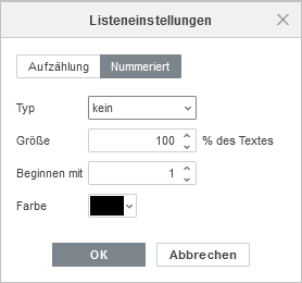 Numbered List Settings window