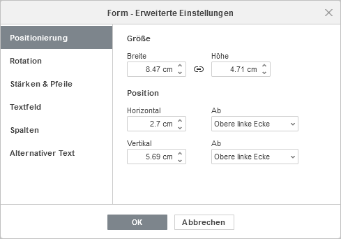 Formeigenschaften - Registerkarte Größe